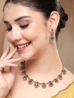 Karatcart - Gold-Plated American Diamond Classic Green Necklace With Earrings