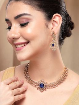 Karatcart - Elegant Gold-Plated Blue American Diamond Necklace With Earrings
