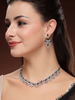 Karatcart - Designer Silver-Plated Leaf Motif Blue American Diamond Necklace With Earrings
