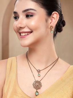 Karatcart - Traditional Dual-Layered Lime Green American Diamond Pendant Necklace With Earrings
