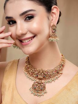 Karatcart - Gold-Plated Traditional Lime Green Beads Lakshmi Mata Temple Necklace With Earrings