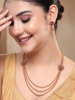 Karatcart - Gold-Plated Traditional Triple-Layer Beaded Temple Necklace With Earrings