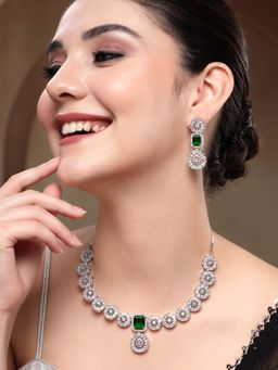 Karatcart - Sparkling Green American Diamond Silver-Tone Necklace With Earrings