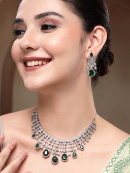 Karatcart - Luxurious Teardrop Green American Diamond Silver-Plated Necklace With Earrings