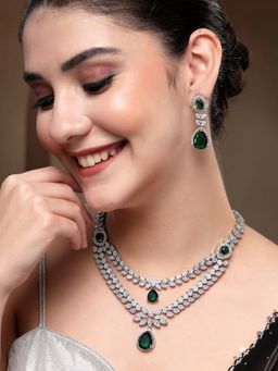 Karatcart - Designer Silver-Plated Green American Diamond Necklace With Earrings