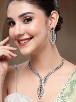 Karatcart - Designer Green Leaf Design American Diamond Silver-Plated Necklace With Earrings