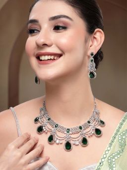 Karatcart - Traditional Silver-Plated Green American Diamond Bridal Necklace With Earrings