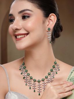 Karatcart - Floral Green American Diamond Silver-Plated Necklace With Earrings