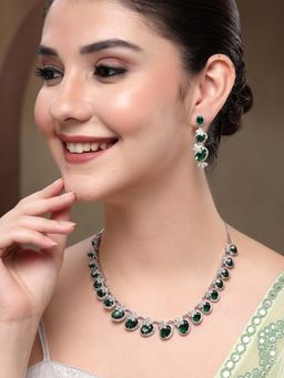 Karatcart - Classic Oval Green Floral American Diamond Silver-Plated Necklace With Earrings