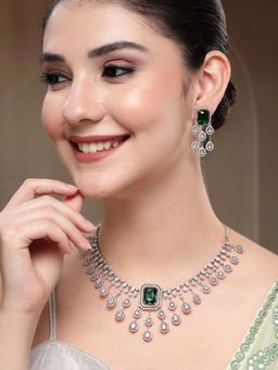 Karatcart - Dazzling Green Square American Diamond Silver-Plated Necklace With Earrings