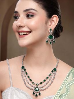 Karatcart - Dazzling Multi-Layer Green American Diamond Silver-Plated Necklace With Earrings