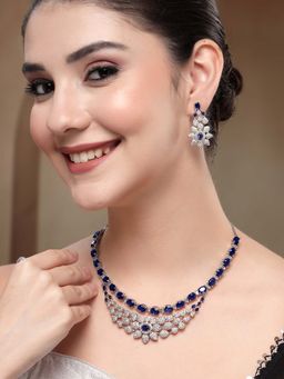 Karatcart - Luxurious Blue American Diamond Silver-Plated Floral Necklace With Earrings