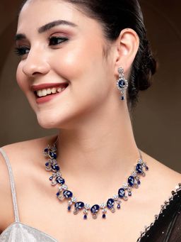 Karatcart - Classic Oval Blue Leaf Design American Diamond Silver-Plated Necklace With Earrings