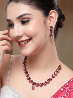 Karatcart - Classic Oval Red Leaf Design American Diamond Silver-Plated Necklace With Earrings
