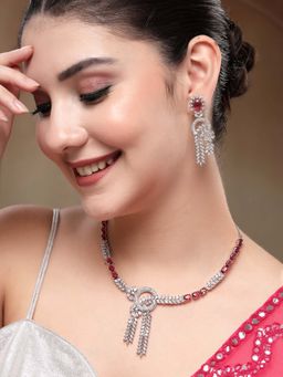 Karatcart - Dazzling Red American Diamond Necklace With Earrings