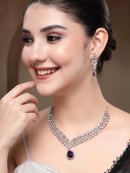 Karatcart - Elegant Blue American Diamond Silver-Plated Premium Necklace With Earrings