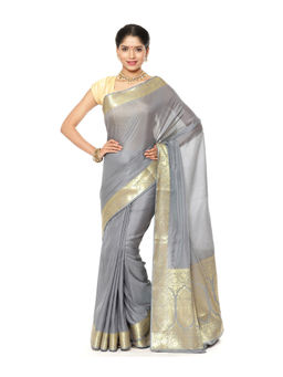 Banarasi Silk Works - Grey Valkalam Zari Anchal Border Art Saree with Unstitched Blouse