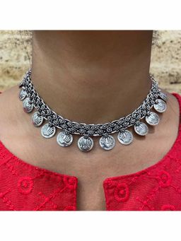 Digital Dress Room - Silver Lotus Coin Choker Necklace