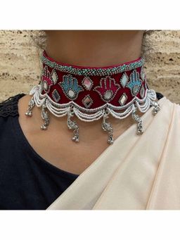 Digital Dress Room - Red Beaded Hamsa Design Choker Necklace