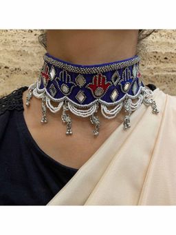 Digital Dress Room - Blue Beaded Hamsa Design Choker Necklace