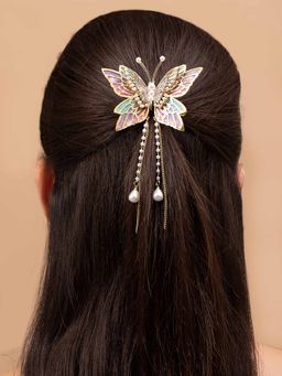 Vogue Panash - Multi-Color Gold-Plated Cz-Stone Studded Butterfly Aligator Clip