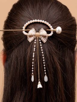 Vogue Panash - White Gold-Plated Pearl Studded Bow Shaped Hairstick