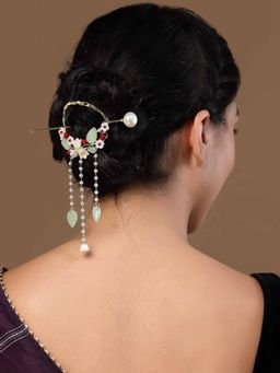 Vogue Panash - Multi-Color Gold Plated Ad Studded Drop Hairstick