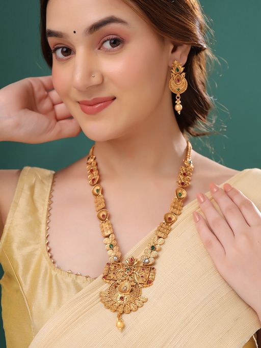 Yellow Chimes Traditional Long Gold Plated Jewellery Set