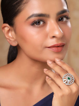 Yellow Chimes - Rhodium Plated Green Crystal Ring