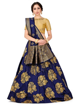 Mimosa - Navy Blue Bridal Semi Stitched Blouse Art Silk Wedding Lehenga With Dupatta (Set of 3)