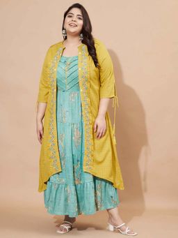 Vbuyz - Embroidered Anarkali Viscose Rayon Mustard Stitched Kurta with Shrug (Set of 2)