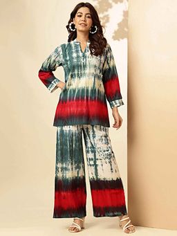 Vbuyz - Women Tie and Dye Short Top Cotton Blue Kurta with Palazzo (Set of 2)