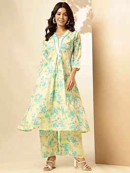 Vbuyz - Floral Print Fit and Flare Cotton Aqua Blue Stitched Kurta with Palazzo (Set of 2)