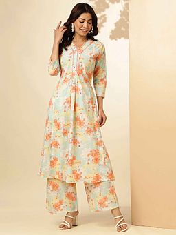 Vbuyz - Floral Print Fit and Flare Cotton Orange Stitched Kurta with Palazzo (Set of 2)