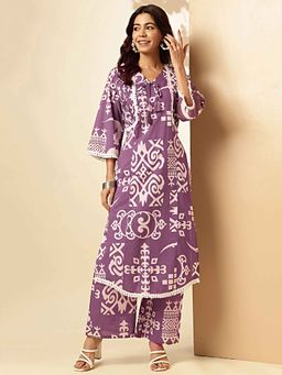 Vbuyz - Geometric Print Embroidered Cotton Violet Stitched Kurta with Palazzo (Set of 2)