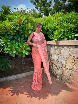 Odette - Peach Embroidered Georgette Saree with Unstitched Blouse