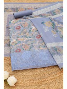 Soch - Blue Chanderi Botanical Floral Unstitched Top and Bottom with Dupatta