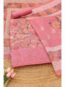 Soch - Pink Chanderi Botanical Floral Unstitched Top and Bottom with Dupatta