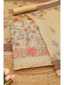 Soch - Yellow Chanderi Botanical Floral Printed Unstitched Top and Bottom with Dupatta