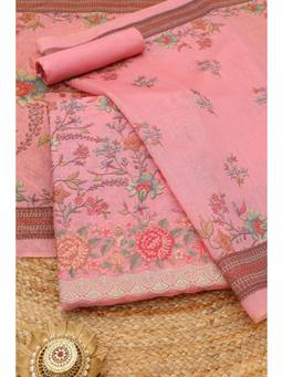 Soch - Pink Chanderi Botanical Floral Printed Unstitched Top and Bottom with Dupatta