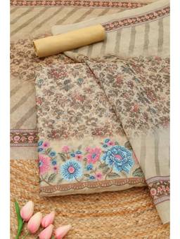 Soch - Beige Chanderi Botanical Floral Printed Unstitched Top and Bottom with Dupatta