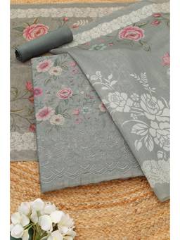 Soch - Grey Chanderi Floral Printed Unstitched Top and Bottom with Dupatta