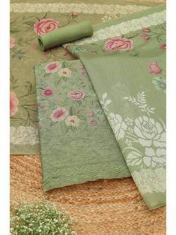 Soch - Olive Chanderi Floral Printed Unstitched Top and Bottom with Dupatta