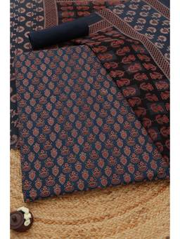 Soch - Indigo Cotton Ajrak Printed Unstitched Top and Bottom with Dupatta