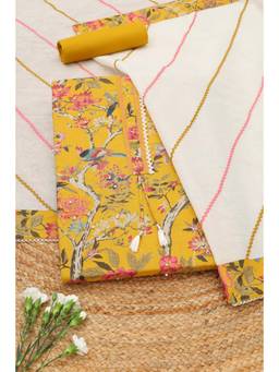 Soch - Mustard Cotton Bird Motifs Printed Unstitched Top and Bottom with Dupatta