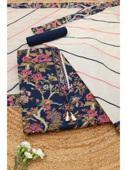 Soch - Navy Blue Cotton Botanical Printed Unstitched Top and Bottom with Dupatta