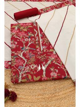 Soch - Maroon Cotton Botanical Printed Unstitched Top and Bottom with Dupatta