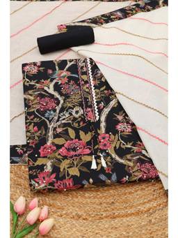 Soch - Black Cotton Bird Motifs Printed Unstitched Top and Bottom with Dupatta