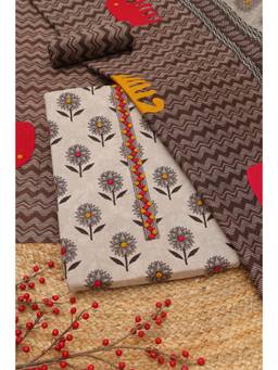 Soch - Beige Cotton Botanical Printed Unstitched Top and Bottom with Dupatta