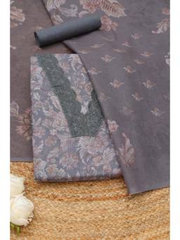 Soch - Grey Linen Floral Printed Unstitched Top and Bottom with Dupatta